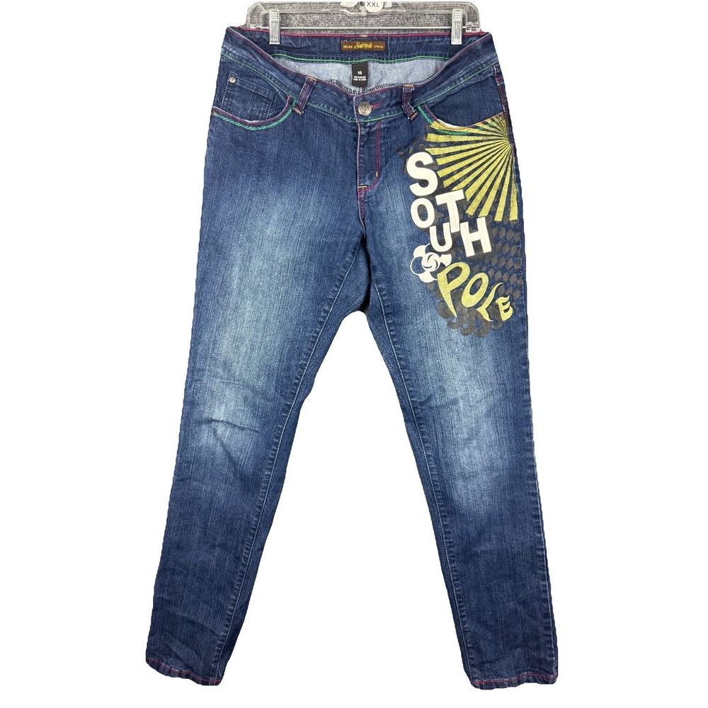 SouthPole Jeans Womens 14 Y2K Straight Leg Embroidered‎ Graphic Print Streetwear
